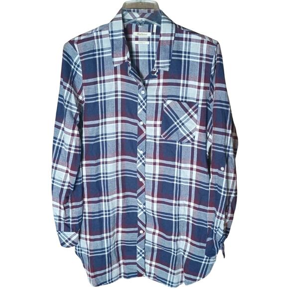 Barbour Women 10 Navy Blue/ Red Plaid Pockets Roll Tab Tunic Button Front Shirt - Picture 1 of 6